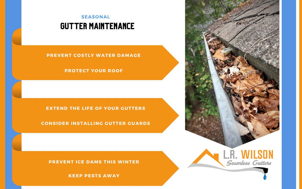 Seasonal gutter maintenance infographic with clogged leaf-filled gutter photo and tips to prevent water damage, ice dams, and pests.